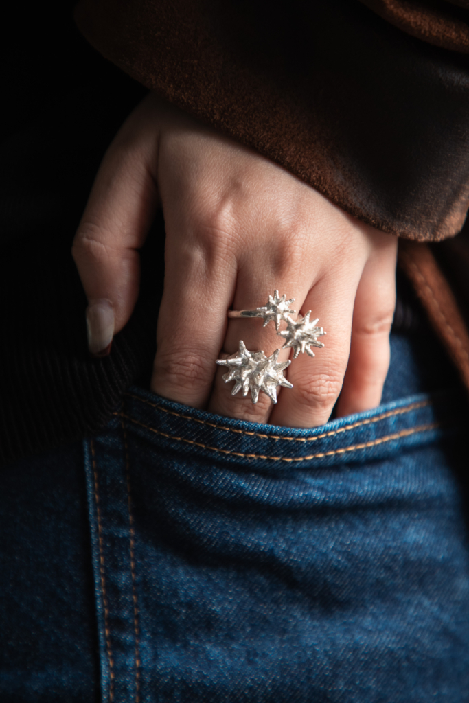 A hand adorned with a silver, star-shaped ring—perfect for those seeking rings for short fingers—rests against the side of blue denim jeans. earbij