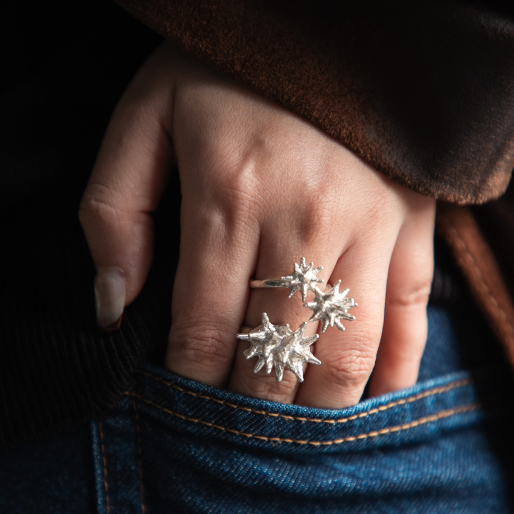 A hand adorned with a silver, star-shaped ring—perfect for those seeking rings for short fingers—rests against the side of blue denim jeans. earbij
